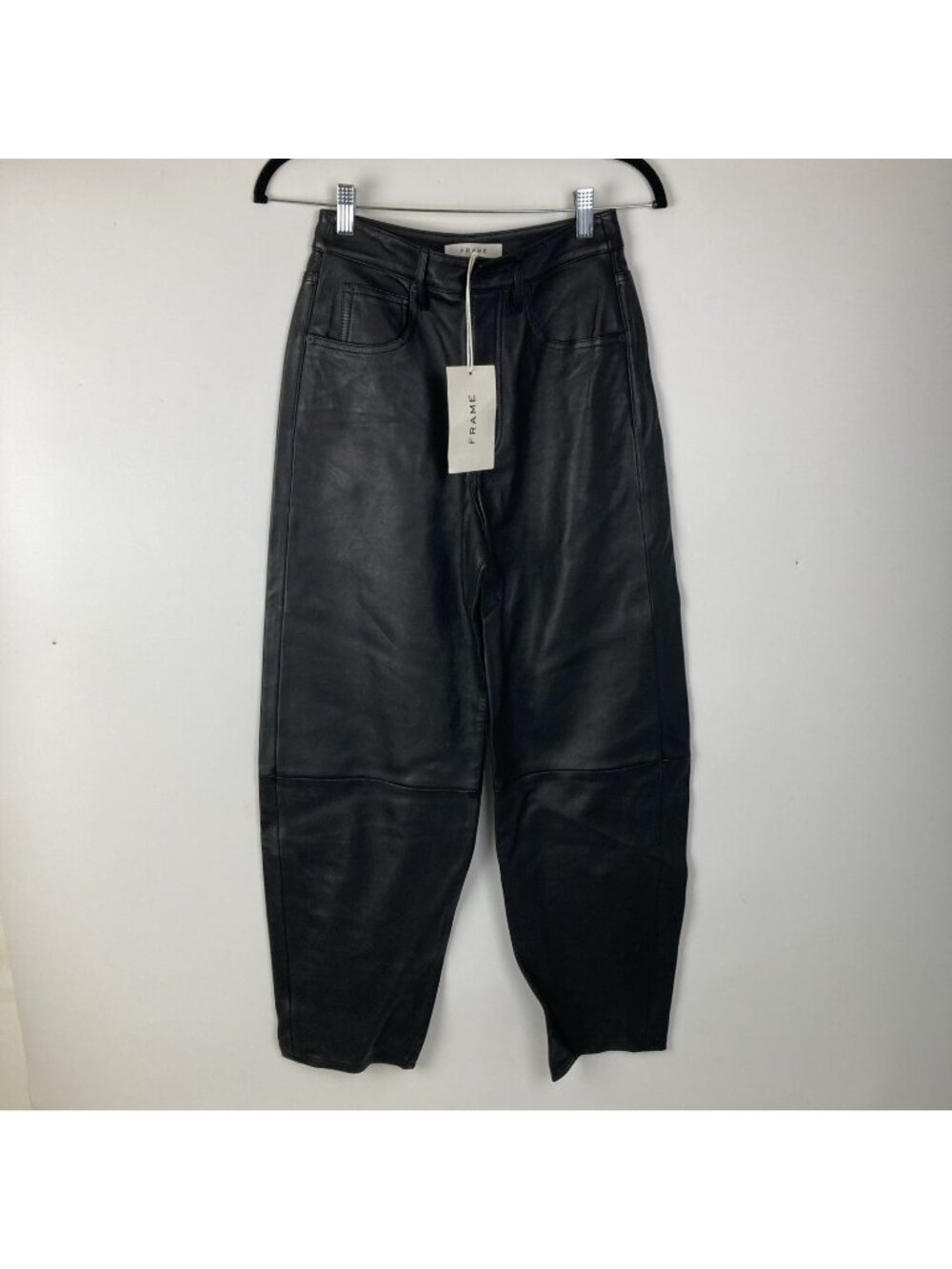 Frame Black Long Leather Barrel Pants Size 24 Ultra High Rise New NWT